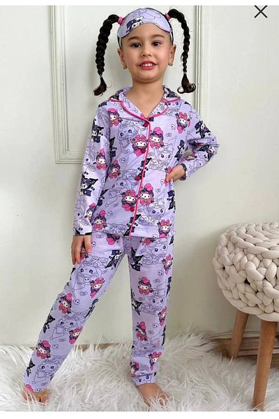 PİJAKİDS Eye Patch Front Button Thin Fabric Girl's Pajama Suit