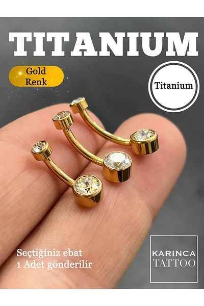 Karınca Piercing Titanium Belly Piercing - Stone Detailed, Silver and Gold Gold Color
