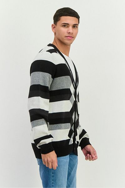 Perry Ellis Men V-neck Long Sleeves Striped Cardigan, Black
