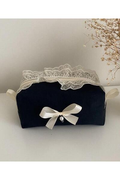 hedoshe Siyah Makyaj Çantası Fiyonk Detaylı