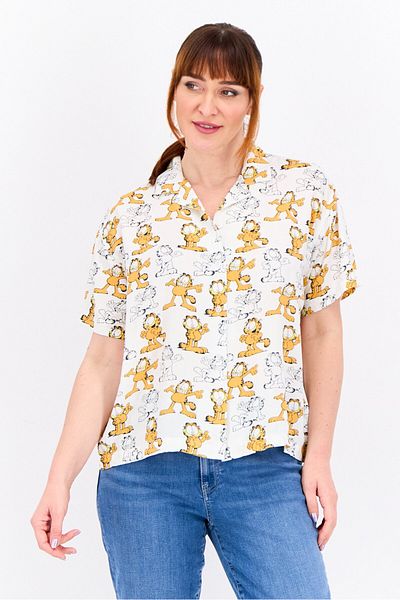 GARFIELD Women Notched Collar Short Sleeves Allover Print Shirt, White Combo