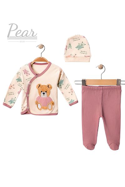 Pear Wear Teddy Bear Patterned 3-Piece Hospital Release 100% Cotton Organic Baby Set