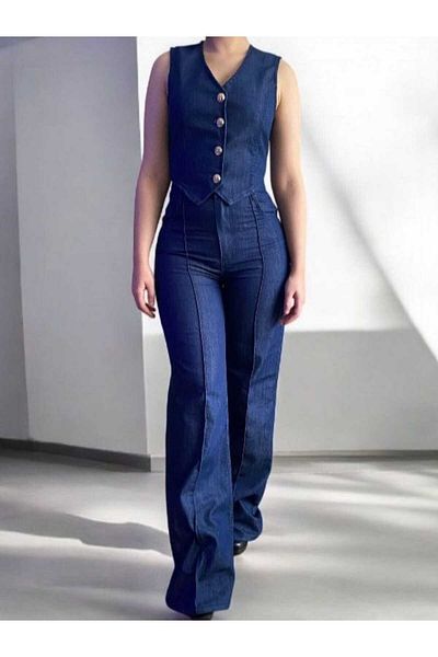 FK PYNAPPEL Gold Buttoned High Waist Wide Leg Striped Denim Trousers & Crop Denim Vest
