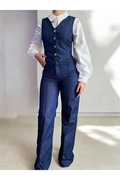 FK PYNAPPEL Gold Buttoned High Waist Wide Leg Striped Denim Trousers & Crop Denim Vest