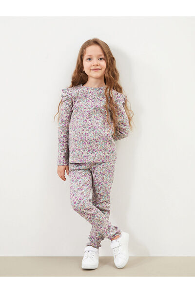 LC Waikiki M&B Collection Ecru Crew Neck Floral Girls' Blouse and Leggings 2-...