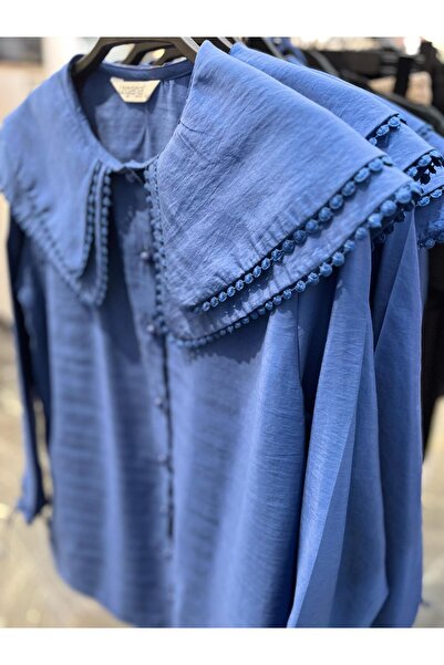 Butik yaka detay tunik gömlek indigo