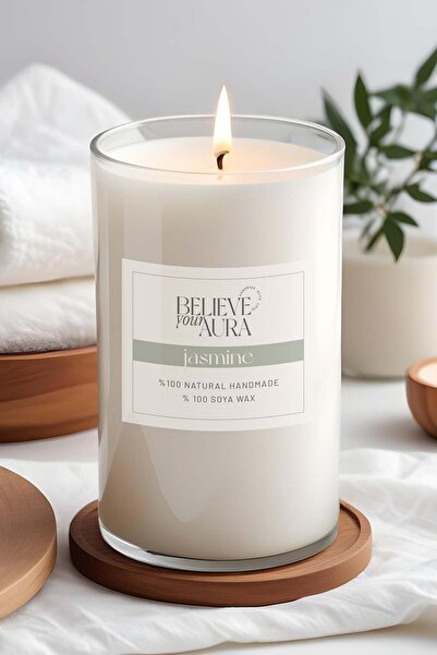 Believe Your Aura Yasemin Kokulu Büyük Mum - %100 Doğal Soya Mumu Ahşap Kapak...