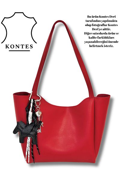 Kontes Women's Bag Charm Detailed, Zippered and Snap Closure Red Shopper Hand and Shoulder Bag