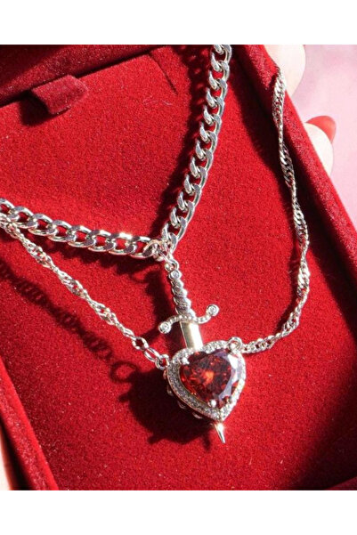 Elifsu Jewelry Kalpli Kılıç Çift Kolyesi 2'li Kalbimin İçindesin