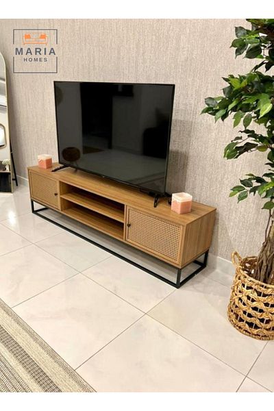 MARIA HOMES Modern TV Stand with Rattan Doors160x39x48cm Wooden & Metal Frame Stylish & Durable