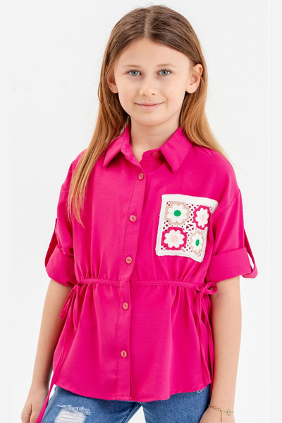 GİYİCEM TEKSTİL Beli Büzgülü Cep Detaylı Kız Çocuk Gömlek