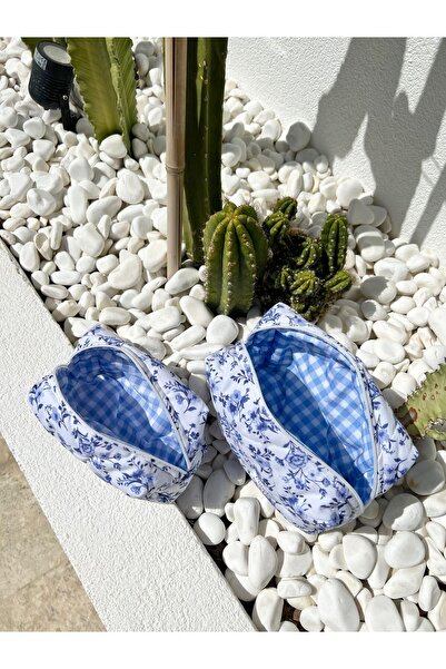 Punchiess Mavi Çiçekli Makyaj Çantası Büyük Boy