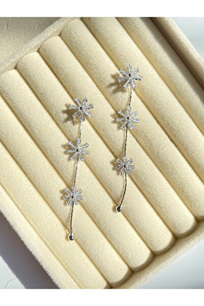 Diamara Designs Yapraklı Sallantılı Taşlı Küpe Rodyum ve Gümüş Kaplama Kadın Küpe