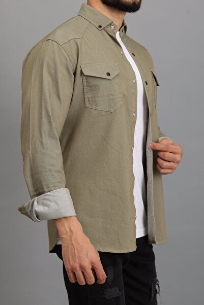 Oyga Cămașă din denim din bumbac, slim fit, slim fit, kaki deschis pentru bărbați