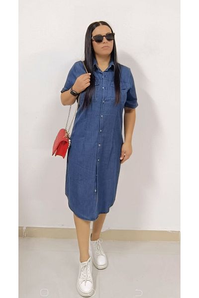 AKŞEN GİYİM ROCHIE DE MÂNECĂ SCURTĂ DE DIMENSIUNE SUPERIOR DIN DENIM ȚESĂ DE DENIM CU BUTONI CU DOUĂ BUZE
