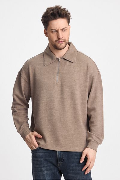 cotside Pique Fabric Men's Polo Neck Oversize Half Zipper Sweatshirt