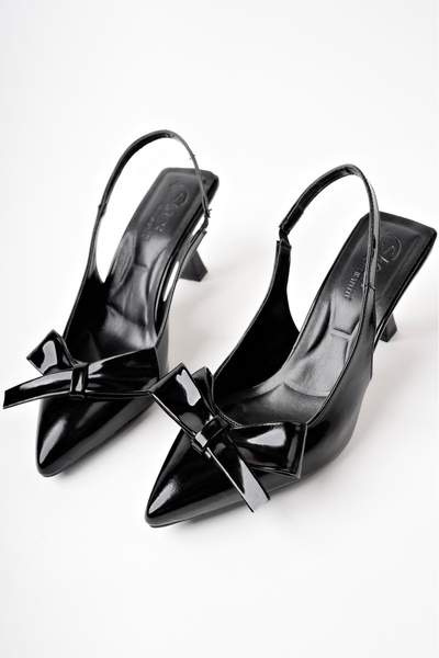 moun shoes فستان سهرة نسائي بفيونكة باللون الأسود من الجلد اللامع