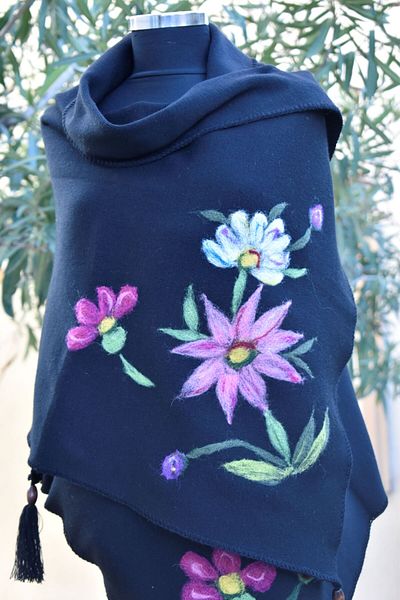 AYNALI BOHÇA Black Wool Embroidered Knitting Etol Shoulder Shal