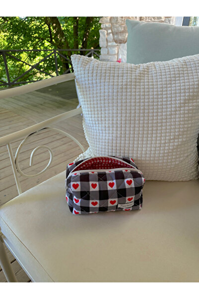 Punchiess Τσάντα μακιγιάζ Black Gingham Heart - Μεγάλο Μέγεθος
