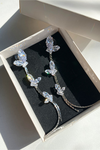 Diamara Designs Yapraklı Sallantılı Taşlı Küpe Rodyum ve Gümüş Kaplama Kadın Küpe