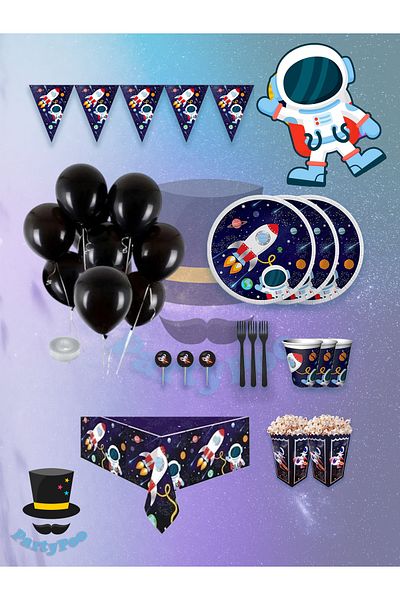 PartyPoo Space Themed Midi Birthday Party Set - 8 People |   Rocket and Star Pattern