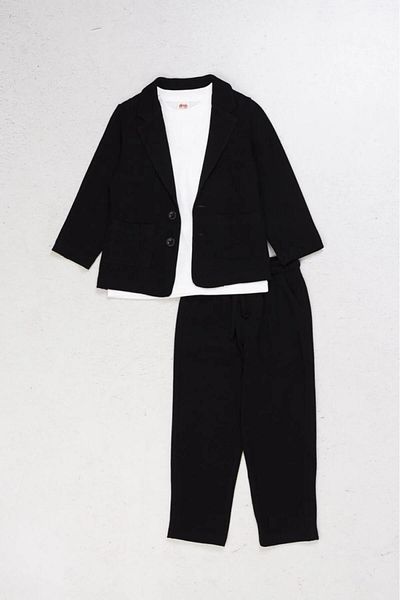 Magu Linen Black Jacket, White T-shirt and Trousers for Boy - 3 Piece Set