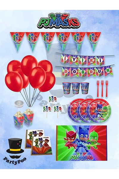 PartyPoo Pijamaskeliler Birthday Themed Mega 16 Person Party Supplies Party Supplies and Decorations