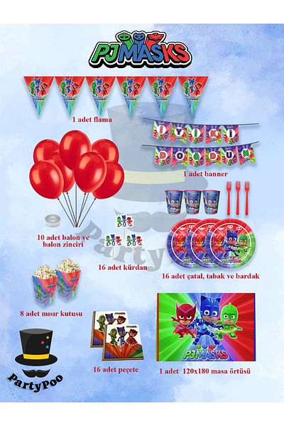 PartyPoo Pijamaskeliler Birthday Themed Mega 16 Person Party Supplies Party Supplies and Decorations