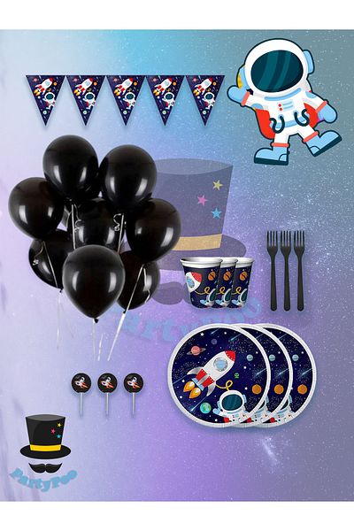 PartyPoo Space Themed Mini Birthday Party Set - 16 Persons |   Rocket and Star Pattern