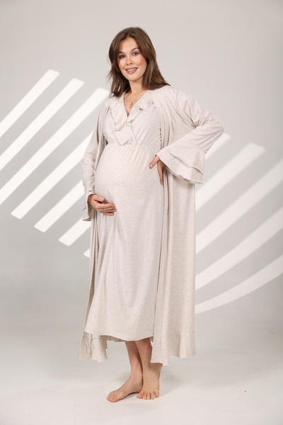 Rimel Homewear طقم ثوب نوم للحمل مزدوج الصدر من ميلانج ناعم الملمس مع ثوب صباحي