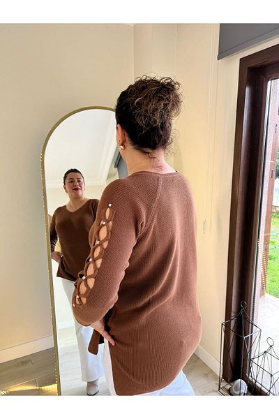 MJORA Brown V-Neck Sleeve Detailed Knitwear Knitted Stone Sweater