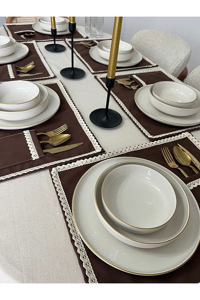 Mirilliahome Американска чиния за сервиране / сервиз от 6 части с дантела и детайли от патешко ленено плато