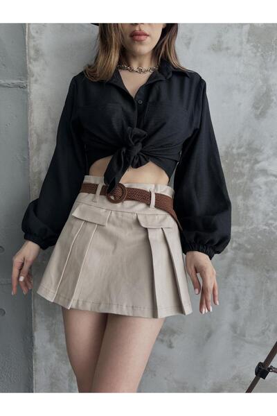 Osha Butik Kemer Detaylı Plise Gabardin Şort Etek