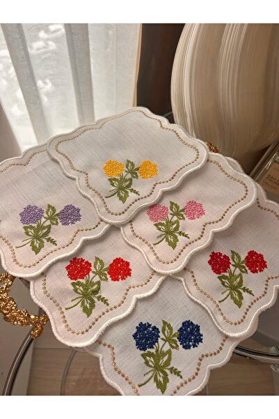 Atelier La Belle 6 Parça Renkli Çiçek İşlemeli Kahve Yanı Sunum Peçetesi Kokt...
