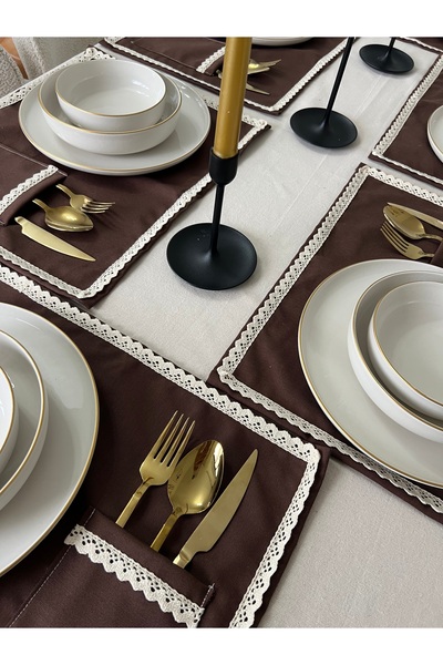 Mirilliahome Σετ 6 τεμαχίων από λινό αμερικανικό σερβίτσιο και σουπλά με δαντέλα - Λινό αμερικανικό σερβίτσιο / σουπλά