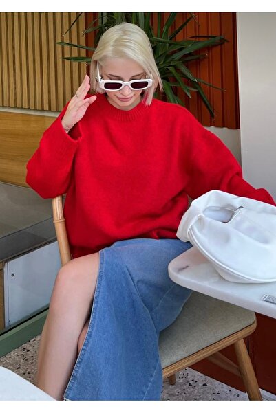 Gülce moda Kırmızı Bisiklet Yaka Oversize Triko Kazak