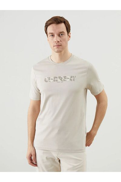 LC Waikiki Ανδρικό μπλουζάκι LCWAIKIKI Classic Beige Crew με κοντό μανίκι με στάμπα από βαμβακερό χτενισμένο