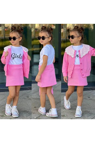 sinmm Girl's 3-Piece Skirt Quilted Suit Pink Color Special Production