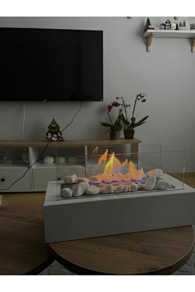 Edlab Masa Üstü Şömine Sertifikalı Metal Beyaz Renk Yakıt Ve Dekoratif Taş