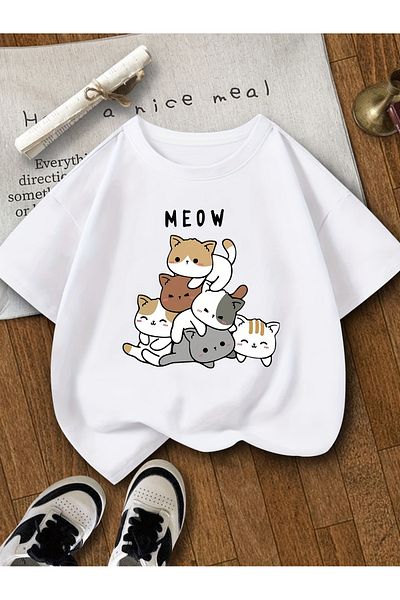 uyguntarz Meow bedrucktes Kinder-Baumwoll-T-Shirt