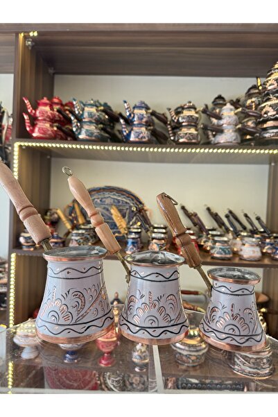 Home Bakır Cezve Takımı Üçlü Set Siyah Gümüş İşlemeli Beyaz