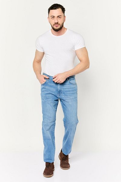 WRANGLER بنطلون جينز رجالي مطاطي بخصر متوسط وقصة ضيقة، أزرق