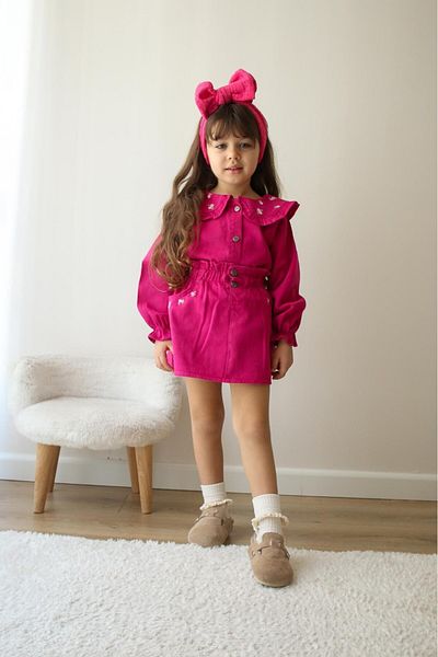 Elidabutik Jeans Set with Floral Embroidery Fuchsia Color Skirt