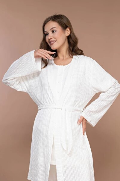 Rimel Homewear Ecru Jacquard Maternity Pajama Set with Dressing Gown
