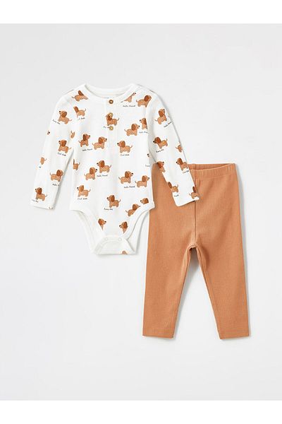 LC Waikiki Crew Neck Printed Baby Girl Snapback Bodysuit and Leggings 2-Piece