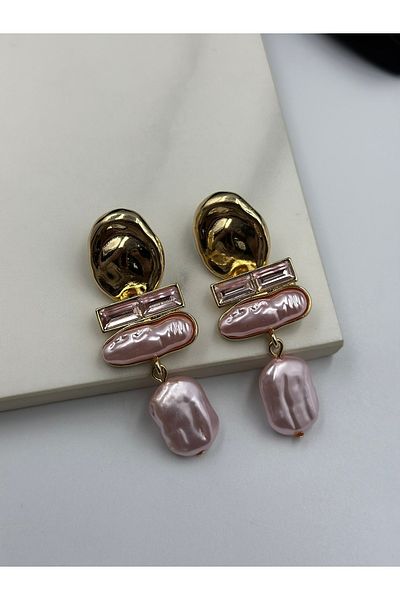 Lumiera Dusty Pink and Gold Detailed Stone Pearl Dangle Earrings