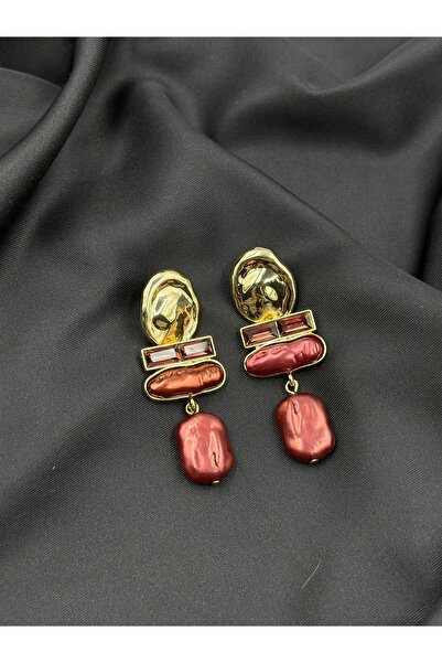 Lumiera Bordo ve Gold Detaylı Taşlı İncili Sallantılı Küpe