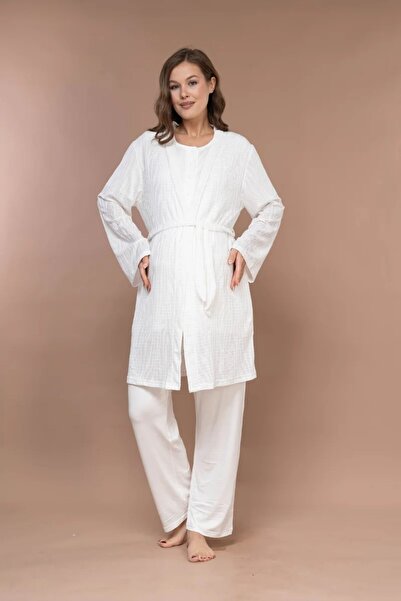 Rimel Homewear Ecru Jacquard Maternity Pajama Set with Dressing Gown