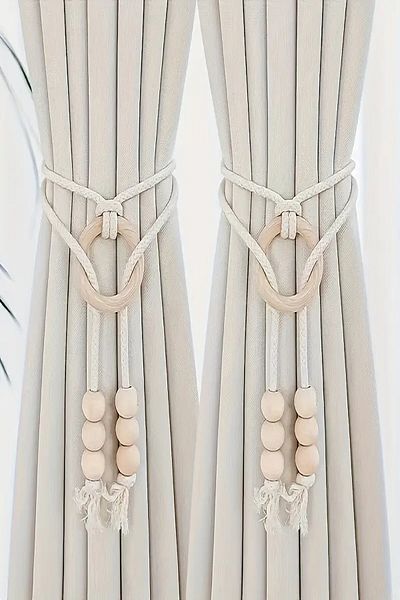 Emtory Home Wooden Curtain Ornament with Beads and Rings - Bohemian Curtain Accessory - Curtain Tie - 1 Piece