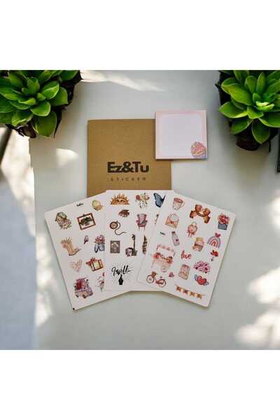 Ez&Tu Stıcker 3'lü Kalp Desenli Etiket Ve Şekerli Küp Not Stıckerlar Vintage ...